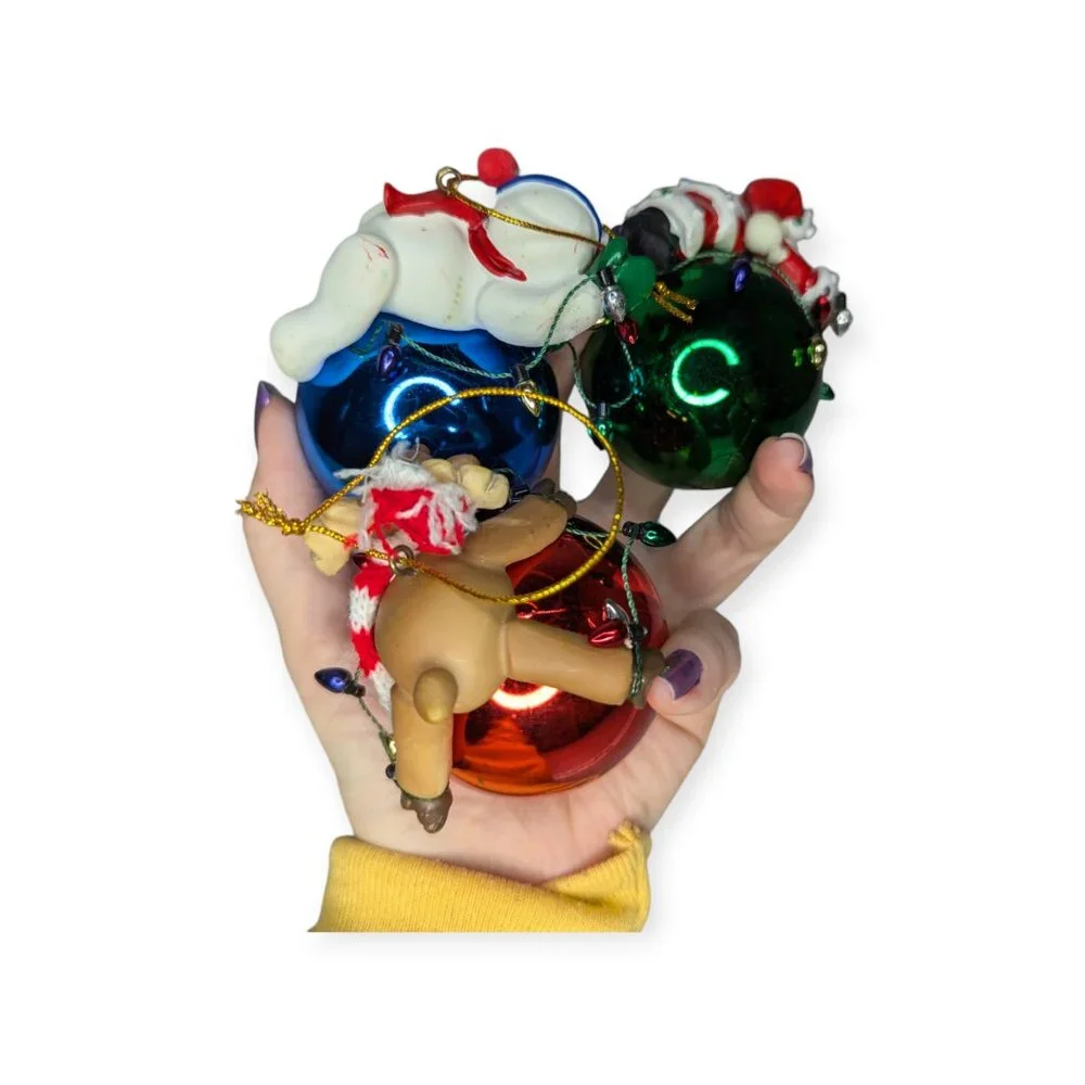 CWO Set 3 Clay Christmas Ornaments Santa Snowman Reindeer Red Blue Green Plastic